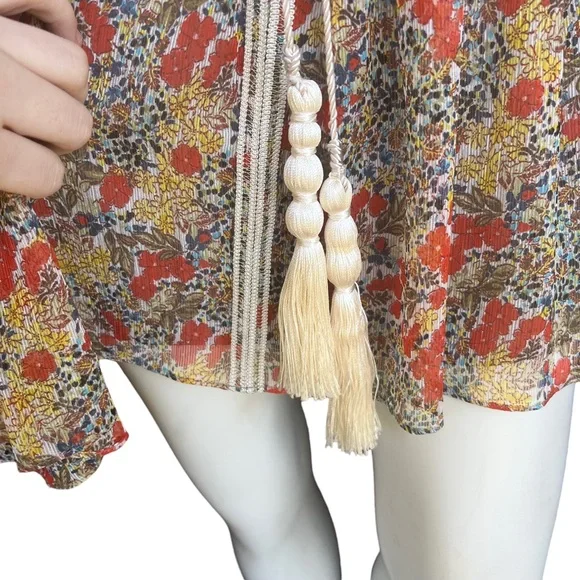 Alexis Floral Flowy Mini Babydoll Dress with Bell Sleeves and Tassels Size XS - Picture 8 of 14